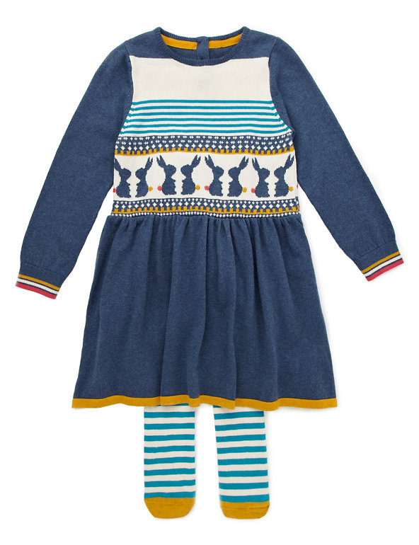 Pure Cotton Bunny Knitted Dress & Tights with StayNEW™ (1-7 Years) Image 1 of 2