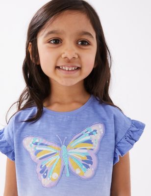 Girls Lilac Purple White Butterfly Stripe Cotton Sleeveless Top T-Shirt NEW 