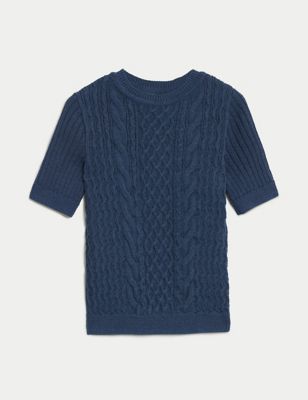 Pure Cotton Cable Knit Short Sleeve Top Image 2 of 6