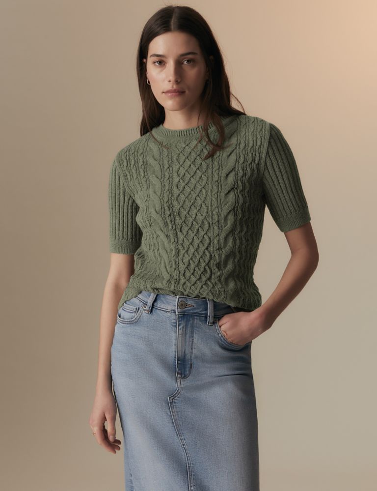 Pure Cotton Cable Knit Short Sleeve Top 1 of 6