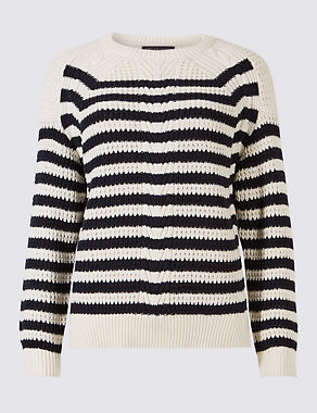 Pure Cotton Cable Stripe Knit Jumper Image 2 of 5