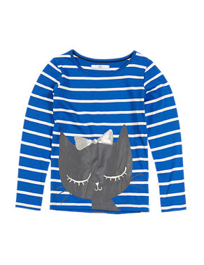Pure Cotton Cat Print Striped T-Shirt (1-7 Years) Image 2 of 3