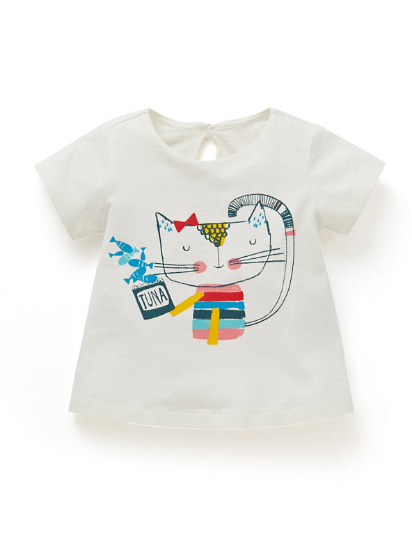 Pure Cotton Cat Print T-Shirt Image 1 of 2