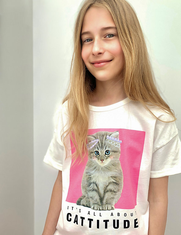 Pure Cotton Cat Slogan T-Shirt (6-16 Yrs) Image 1 of 2