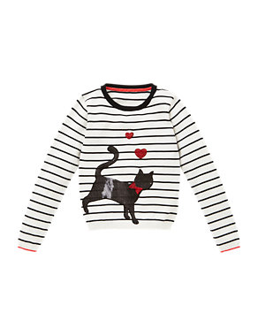 Pure Cotton Cat Striped Jumper (5-14 Years) Image 2 of 4