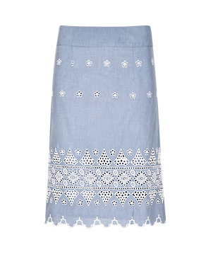 Pure Cotton Chambray Embroidered A-Line Skirt Image 2 of 4