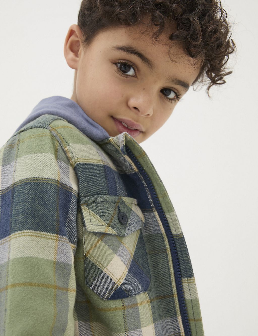 Pure Cotton Check Hooded Shacket (3-13 Yrs) 5 of 5