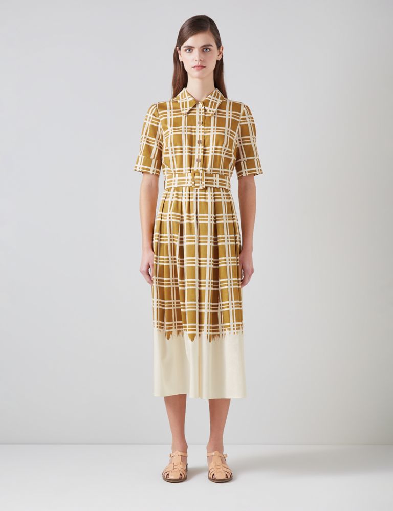Pure Cotton Checked Belted Midi Shirt Dress 1 of 4