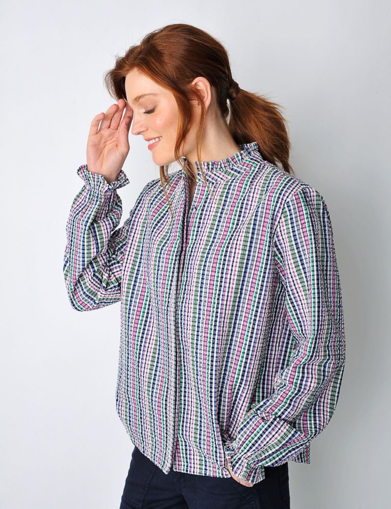 Pure Cotton Checked Collarless Frill Detail Shirt 1 of 5