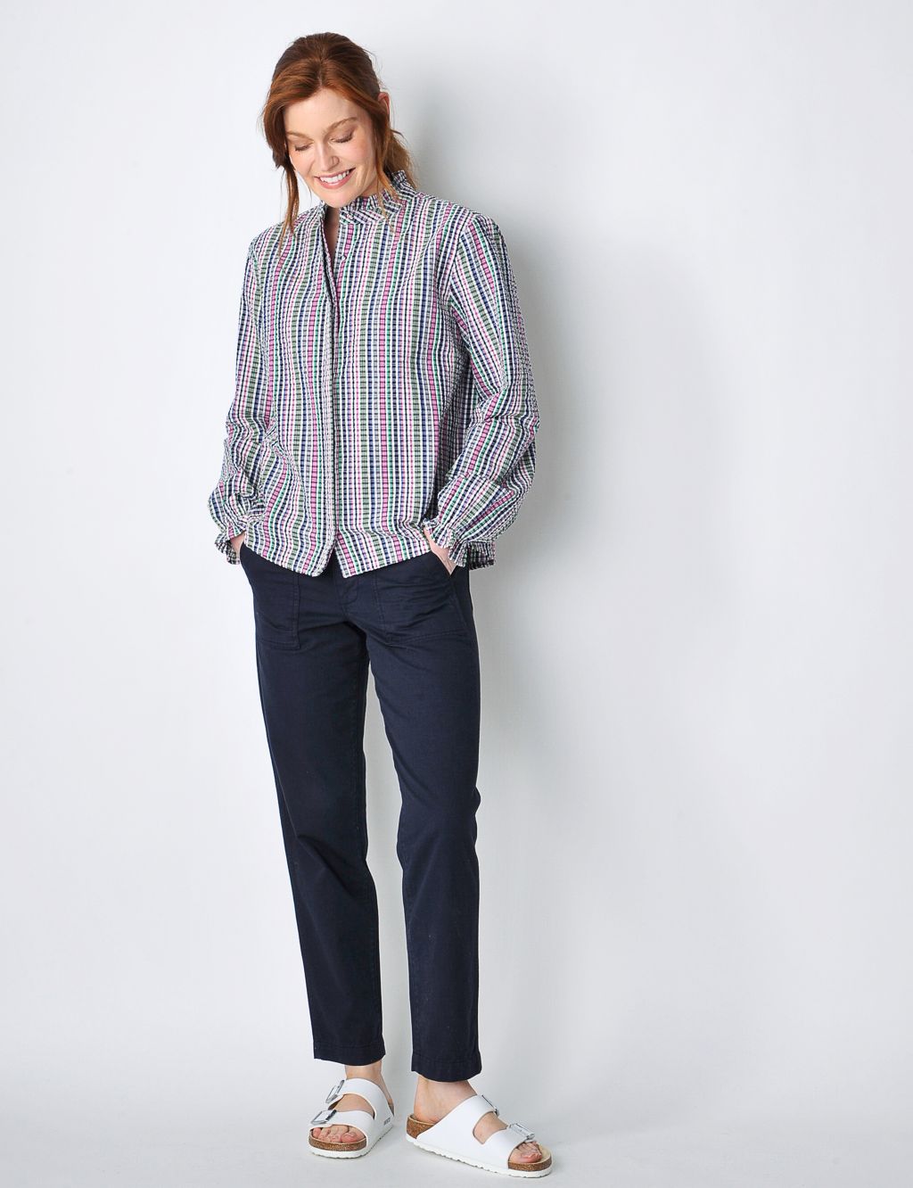 Pure Cotton Checked Collarless Frill Detail Shirt 2 of 5