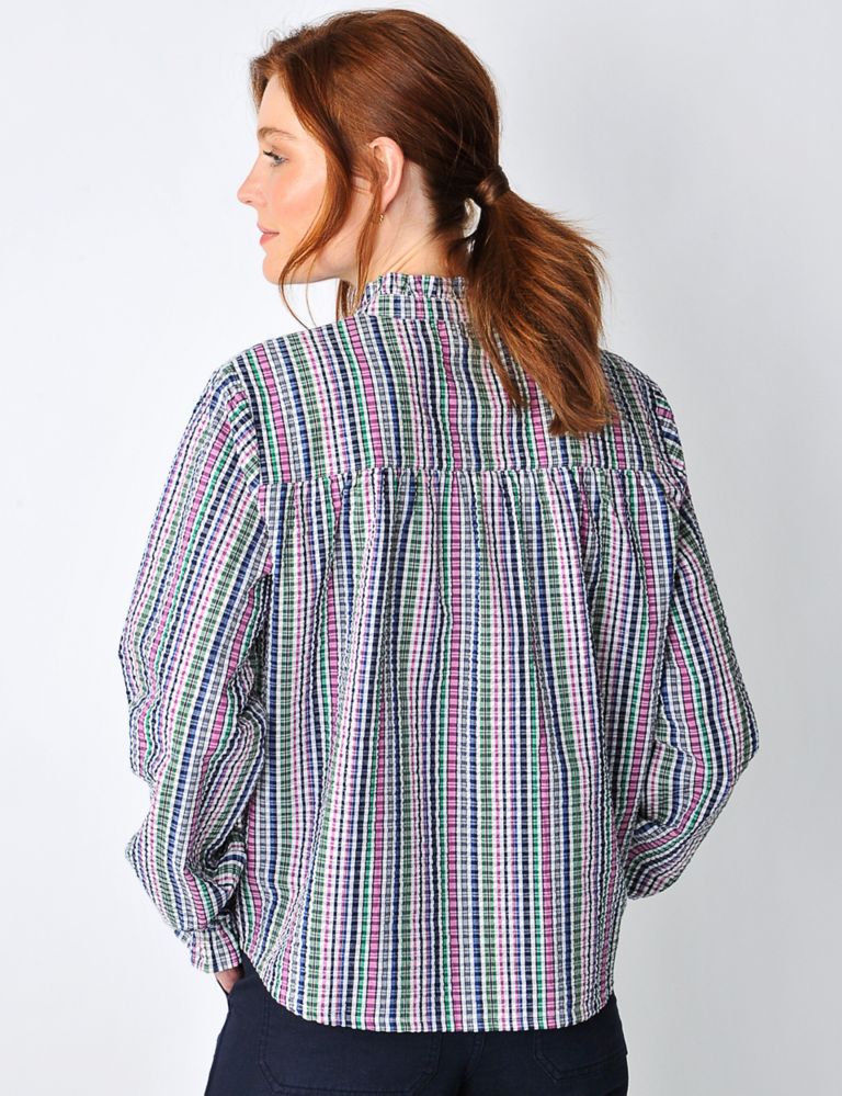 Pure Cotton Checked Collarless Frill Detail Shirt 4 of 5