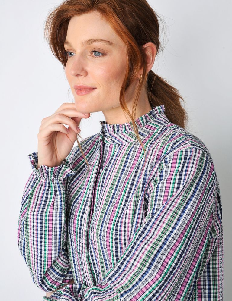 Pure Cotton Checked Collarless Frill Detail Shirt 5 of 5