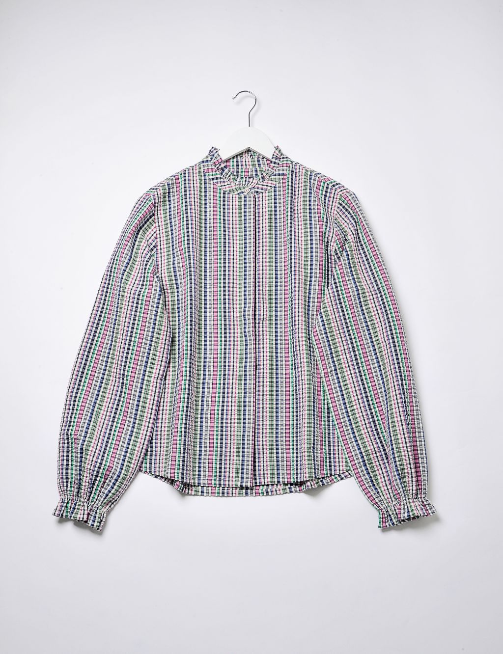 Pure Cotton Checked Collarless Frill Detail Shirt 1 of 5