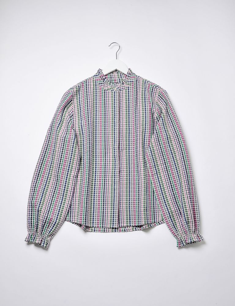 Pure Cotton Checked Collarless Frill Detail Shirt 2 of 5