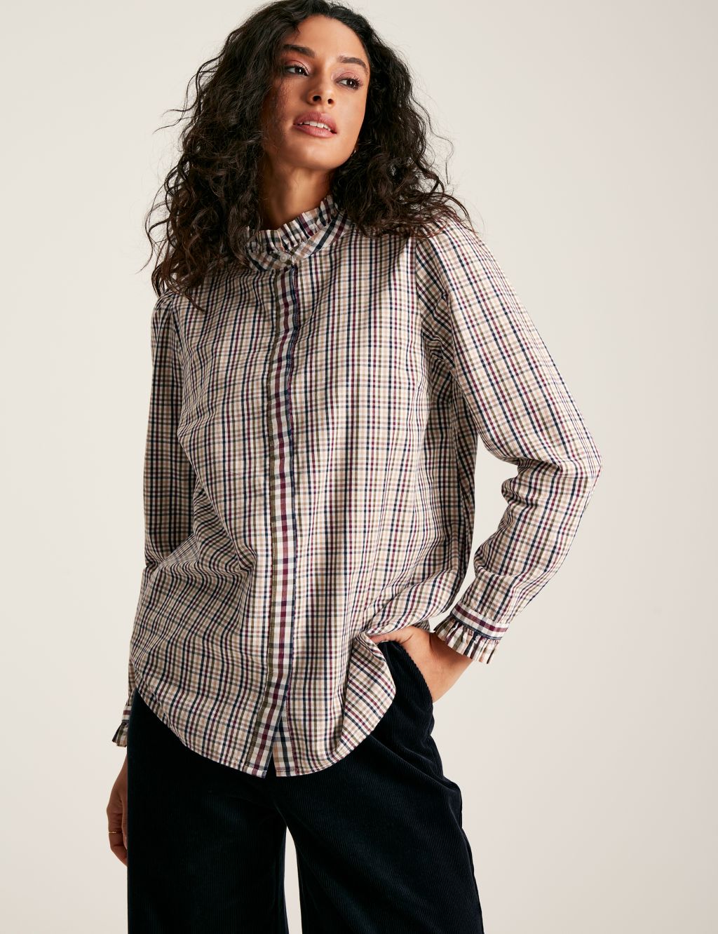 Pure Cotton Checked High Neck Ruffle Shirt | Joules | M&S