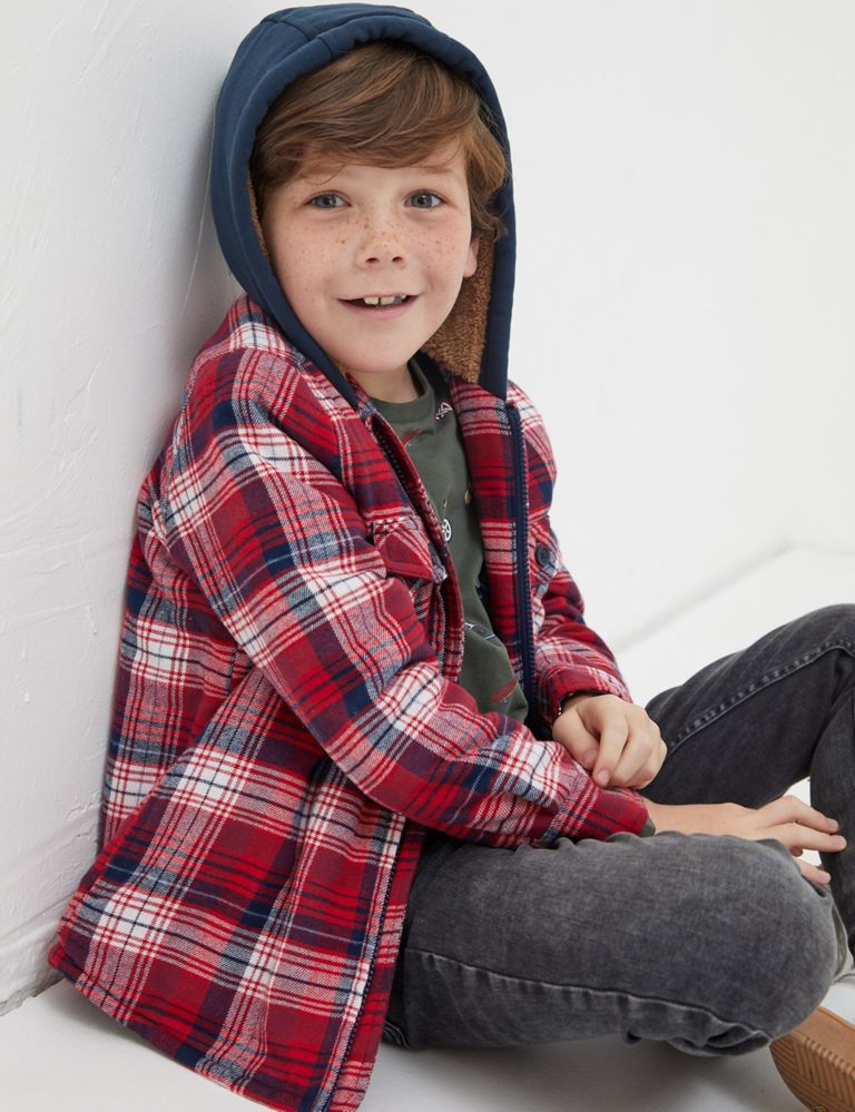 Pure Cotton Checked Hooded Shacket (3-13 Yrs) 1 of 4