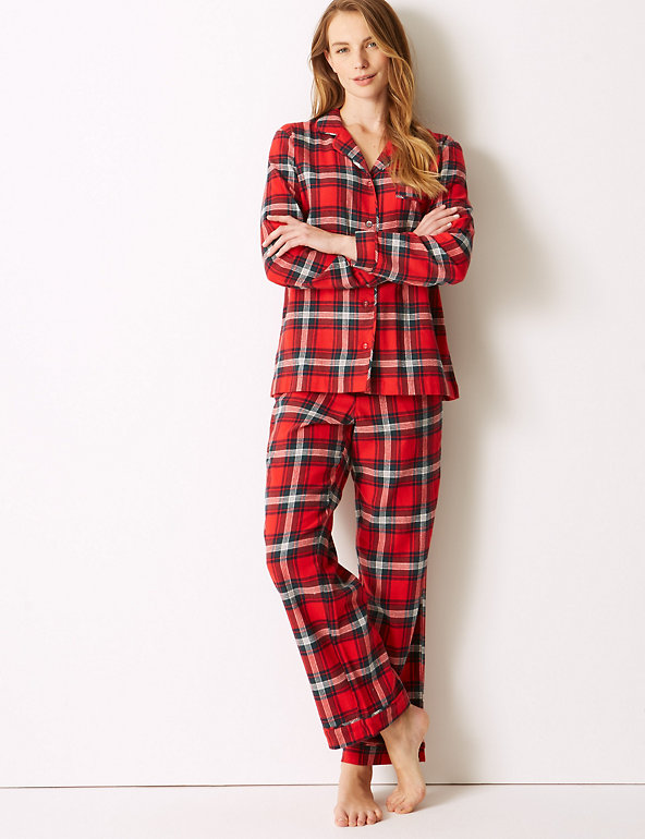 PJs M&S Pure Cotton Top Checked Long Sleeve Pyjama Set Size M 33-35 inch