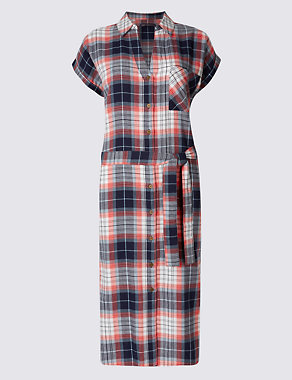 Pure Cotton Checked Midi Dress with Belt Image 2 of 4