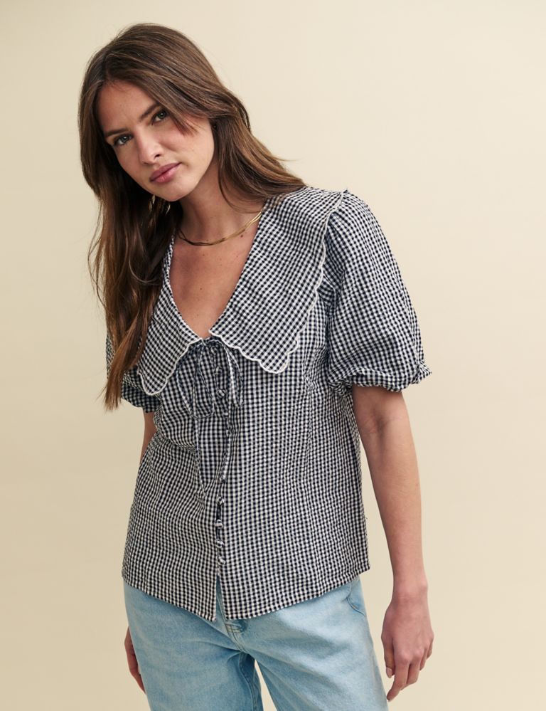 Pure Cotton Checked Relaxed Blouse 1 of 6