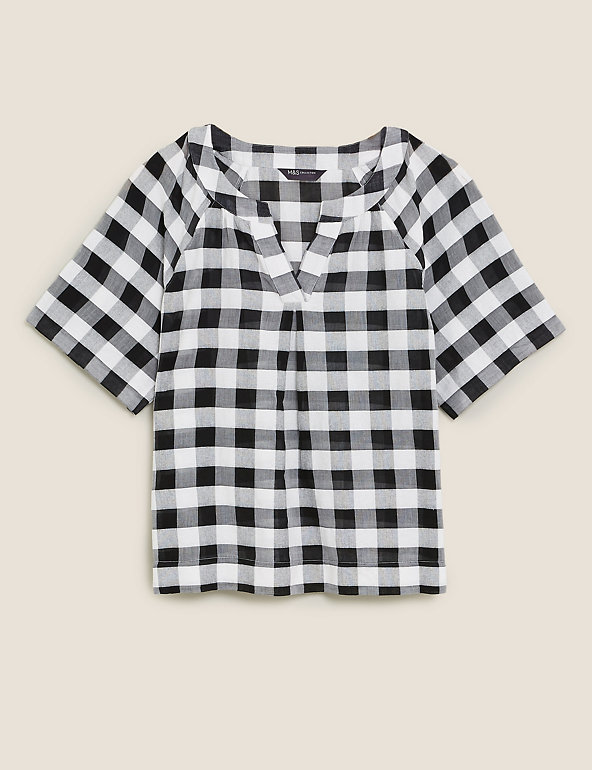 Pure Cotton Checked Short Sleeve Blouse | M&S Collection | M&S