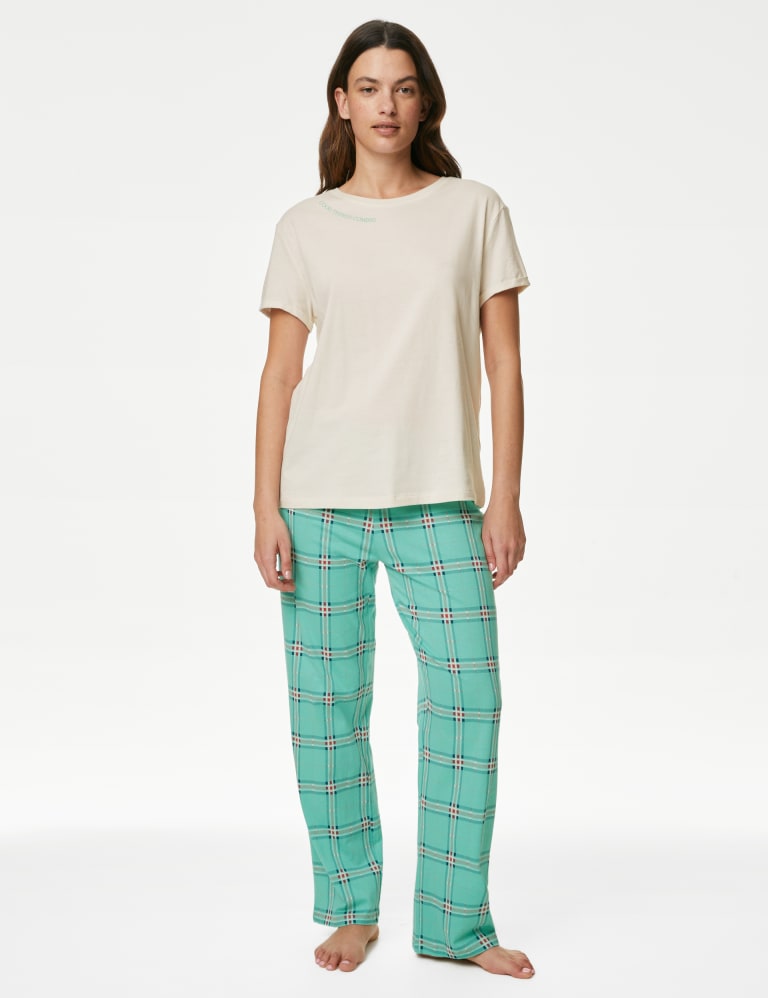 Pure Cotton Checked Slogan Pyjama Set, M&S Collection