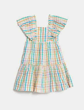 Pure Cotton Checked Tiered Dress (2-8 Yrs) Image 2 of 6