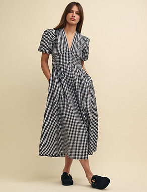 Pure Cotton Checked V-Neck Midaxi Dress Image 2 of 5