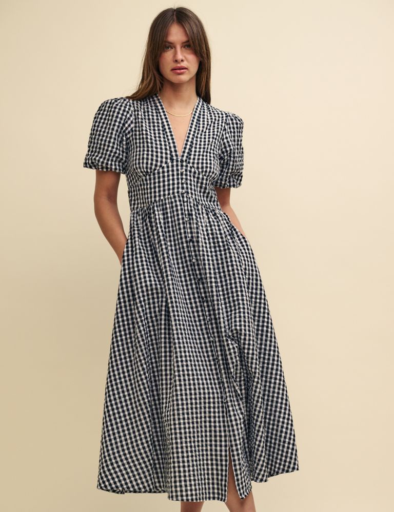 Pure Cotton Checked V-Neck Midaxi Dress 1 of 5