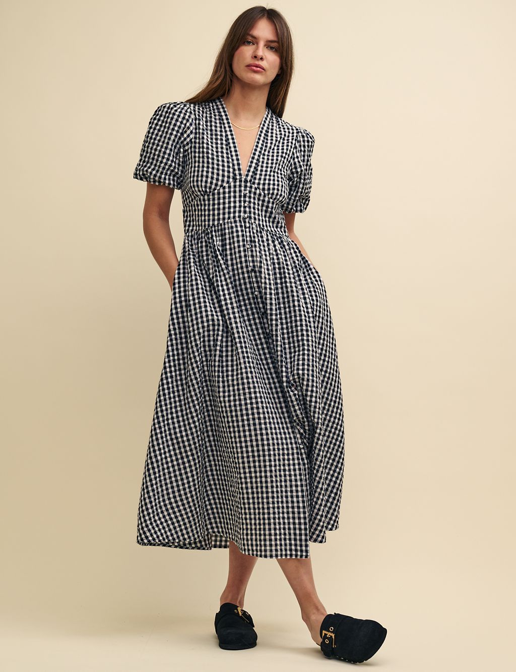 Pure Cotton Checked V-Neck Midaxi Dress 1 of 5