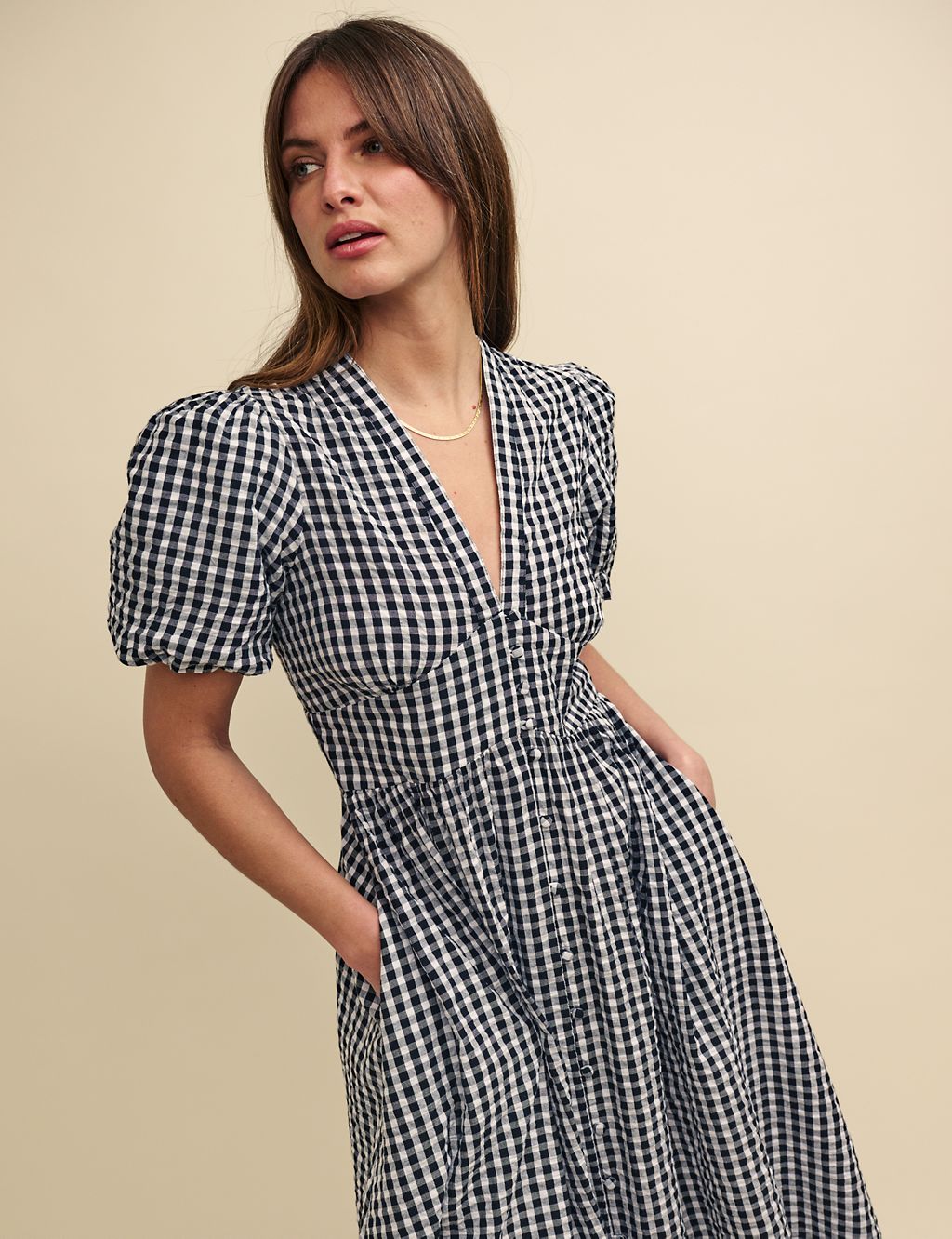 Pure Cotton Checked V-Neck Midaxi Dress 2 of 5