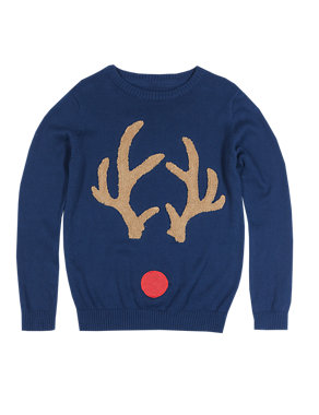 Pure Cotton Christmas Rudolph Red Nose Jumper (5-14 Years) Image 2 of 3