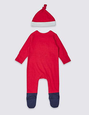Pure Cotton Christmas Santa Sleepsuit and Hat Image 2 of 3