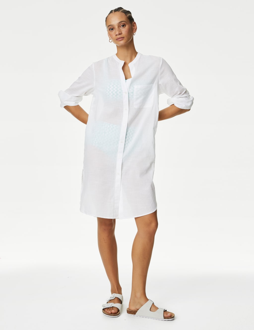 Pure Cotton Collarless Beach Cover Up Shirt M&S Collection M&S