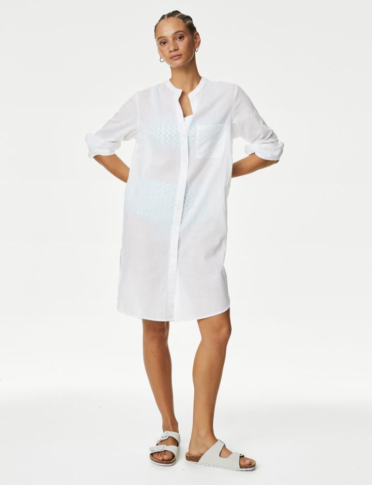 Pure Cotton Collarless Beach Cover Up Shirt 3 of 5
