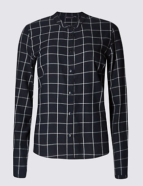Pure Cotton Collarless Checked Boxy Shirt Image 2 of 3