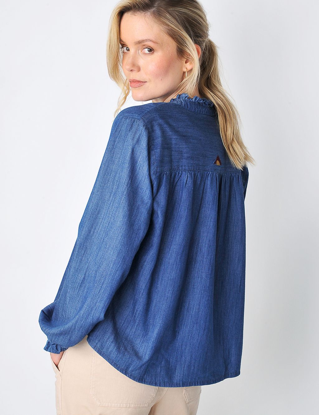 Pure Cotton Collarless Frill Detail Shirt 4 of 5