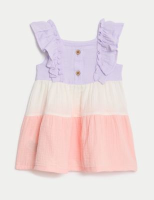 Pure Cotton Colour Block Frill Dress (0-3 Yrs) Image 2 of 3