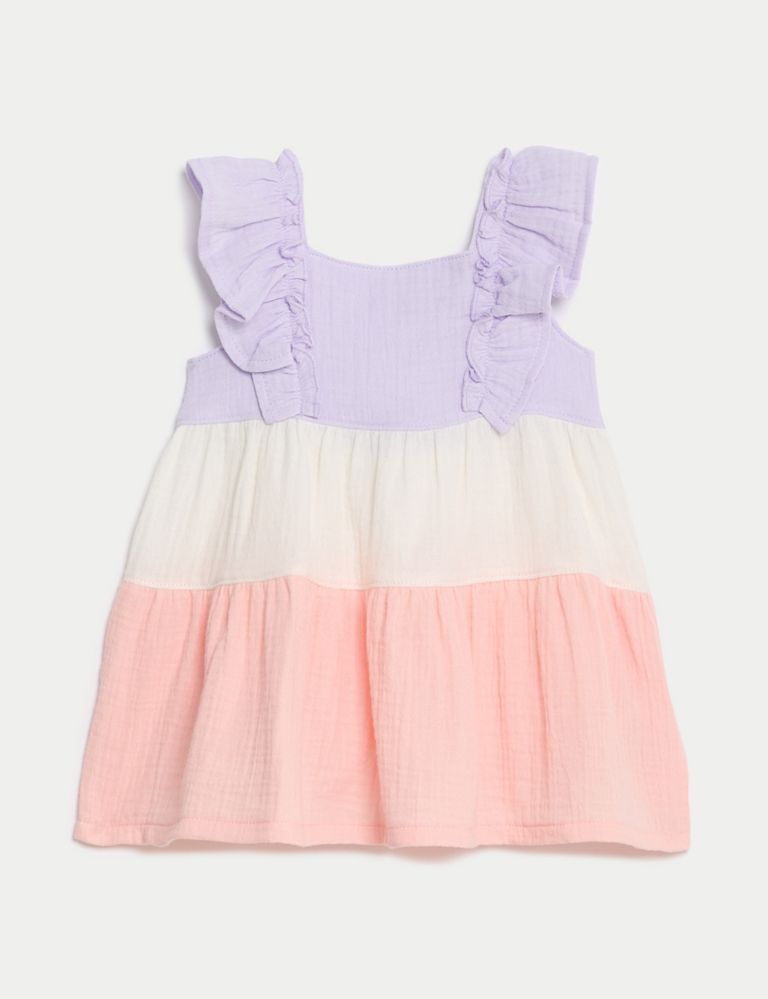 Pure Cotton Colour Block Frill Dress (0-3 Yrs) 1 of 3
