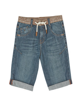 Pure Cotton Contrast Adjustable Waistband Denim Shorts (5-14 Years) Image 2 of 3