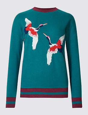 Pure Cotton Crane Embroidered Sweatshirt Image 2 of 4