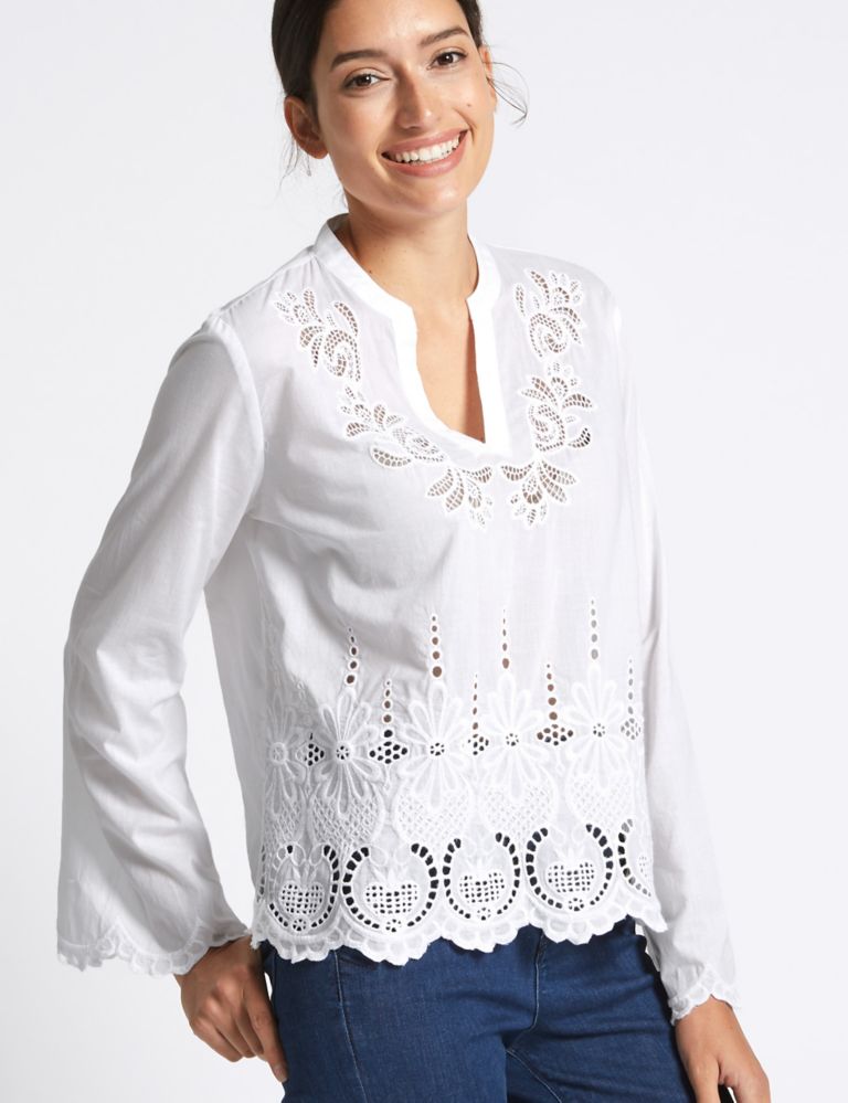 Pure Cotton Cutwork Bell Sleeve Blouse 3 of 5