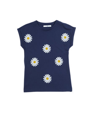Pure Cotton Daisy Sequin Embellished T-Shirt (5-14 Years) Image 2 of 3