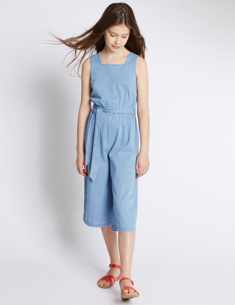 Pure Cotton Denim Belted Jumpsuit (5-14 Years) 1 of 3