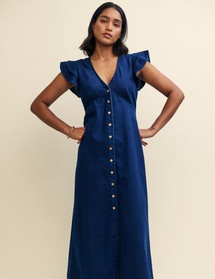Pure Cotton Denim Button Front Midi Tea Dress Image 2 of 6