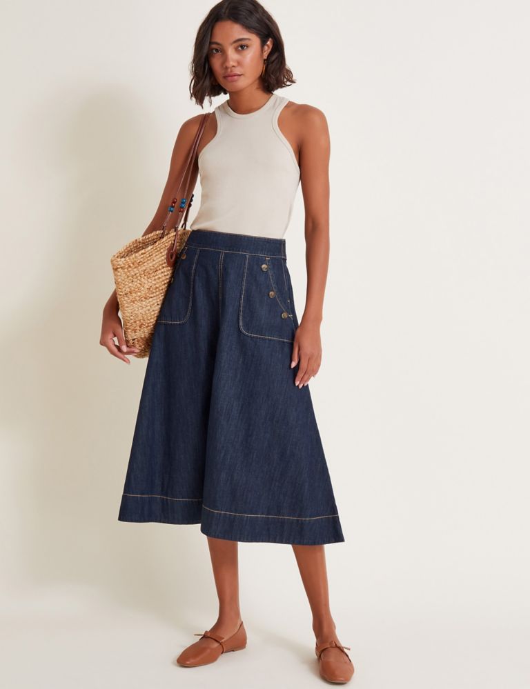 Pure Cotton Denim Midi A-Line Skirt 1 of 5