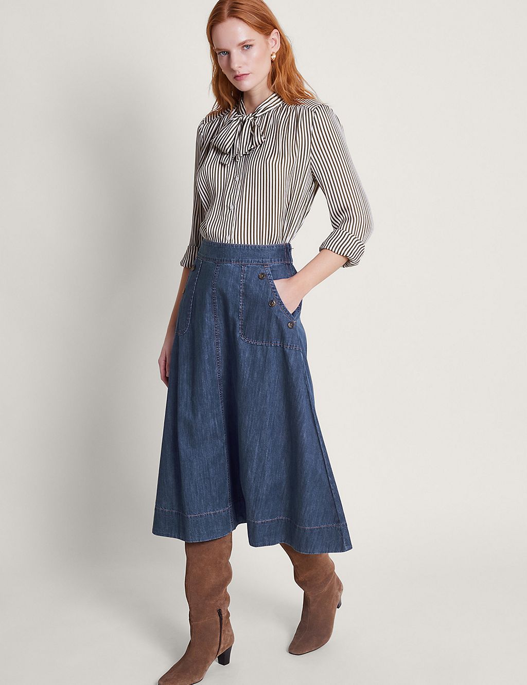 Pure Cotton Denim Midi A-Line Skirt 4 of 5