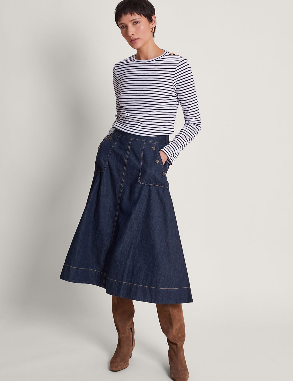 Pure Cotton Denim Midi A-Line Skirt 2 of 5