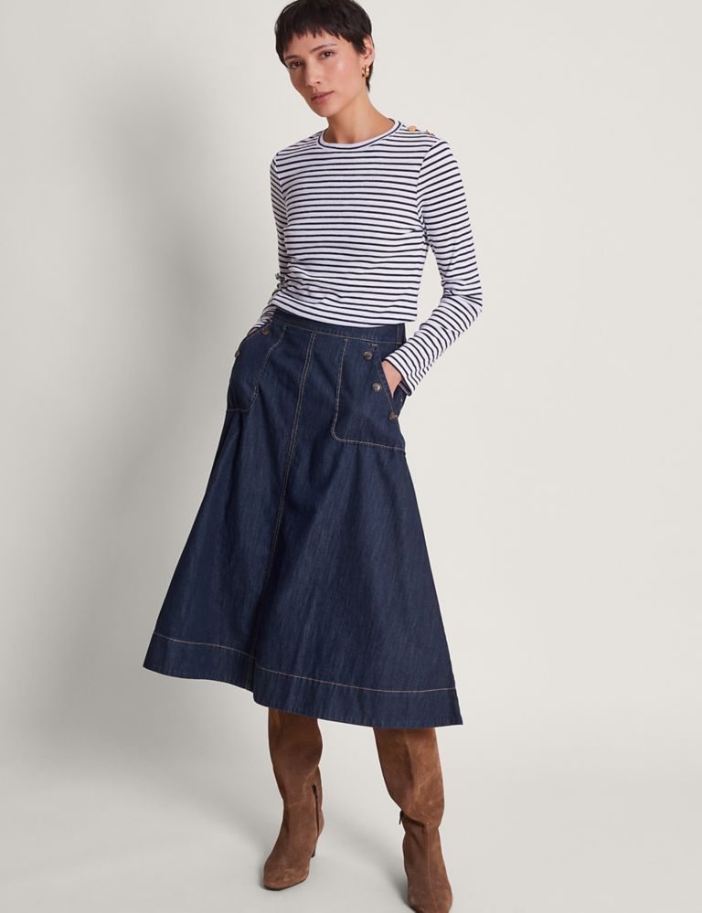 Pure Cotton Denim Midi A-Line Skirt 3 of 5