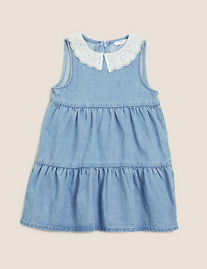 Pure Cotton Denim Tiered Dress (2-7 Yrs) Image 2 of 5