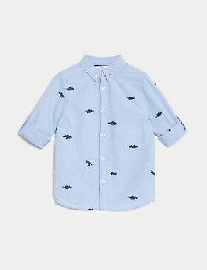 Pure Cotton Dino Embroidered Oxford Shirt (2-8 Yrs) Image 2 of 4